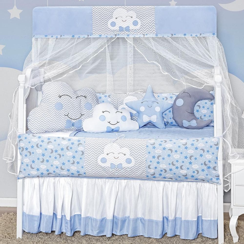 Kit Berço 12 Peças Com Saia Box Azul Formato Nuvem Completo