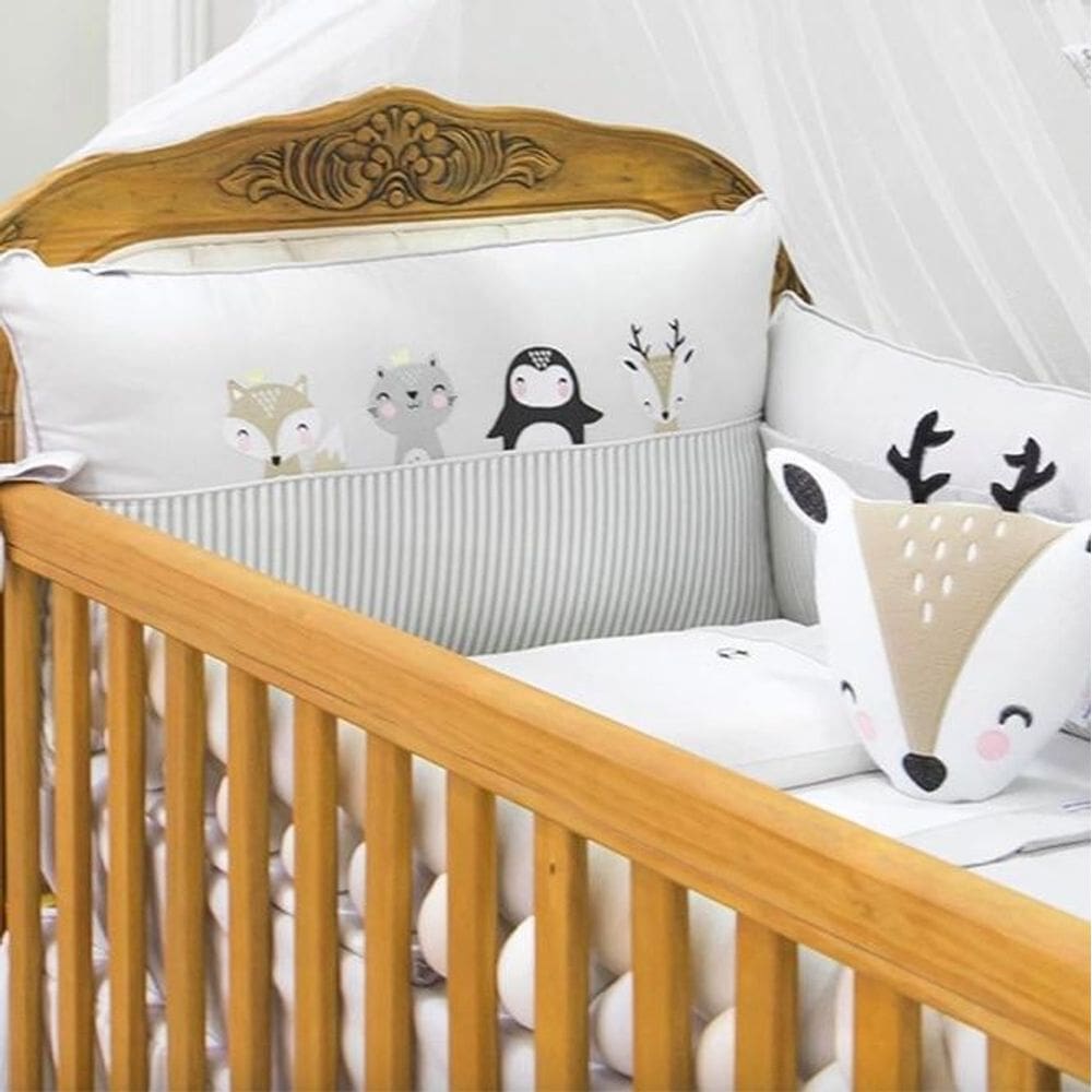 Kit Berço Raposa + Almofada Pompom | Algodão | Quarto Bebê