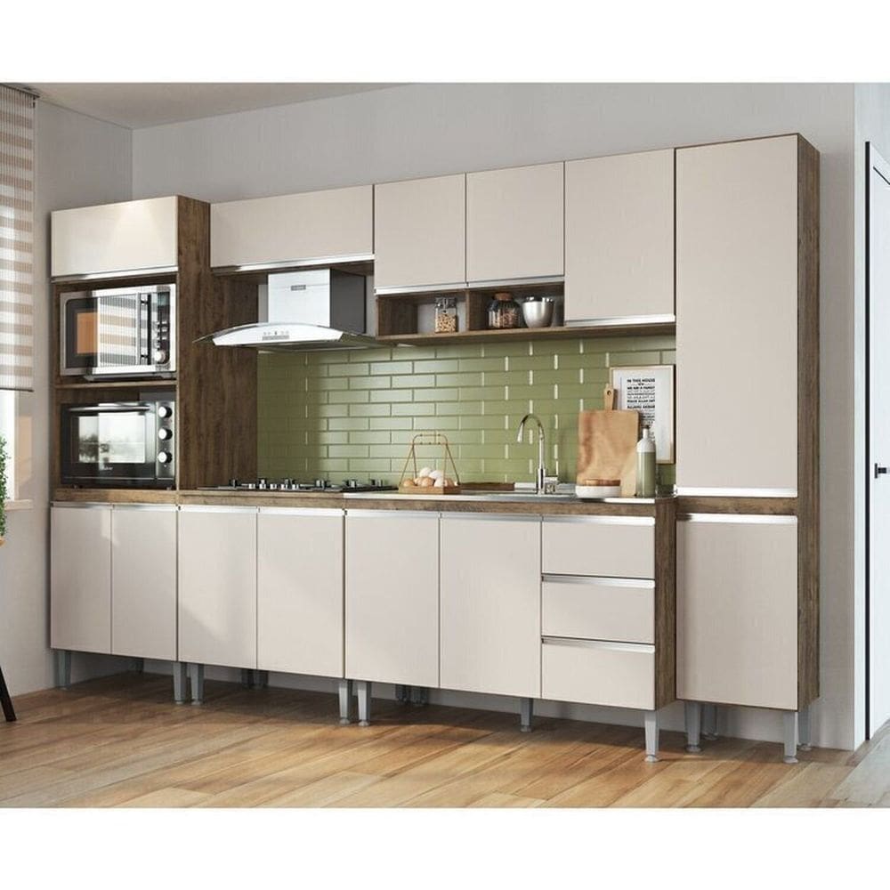 Cozinha Modulada Athena 6 Peças 2 Balcões 2 Armários Torre Quente e Paneleiro Itaúba/Off White