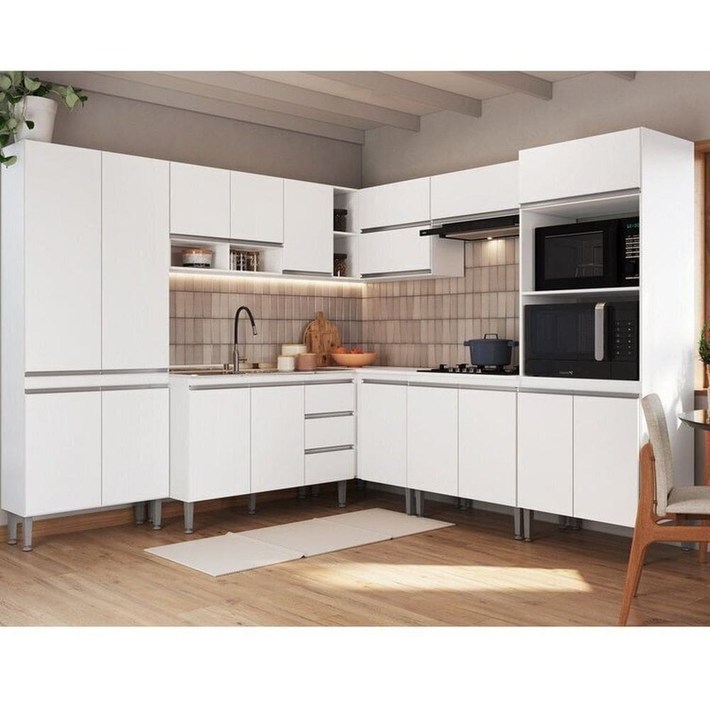 Cozinha Modulada Athena 8 Peças 3 Balcões 3 Armários Torre Quente e Paneleiro Branco