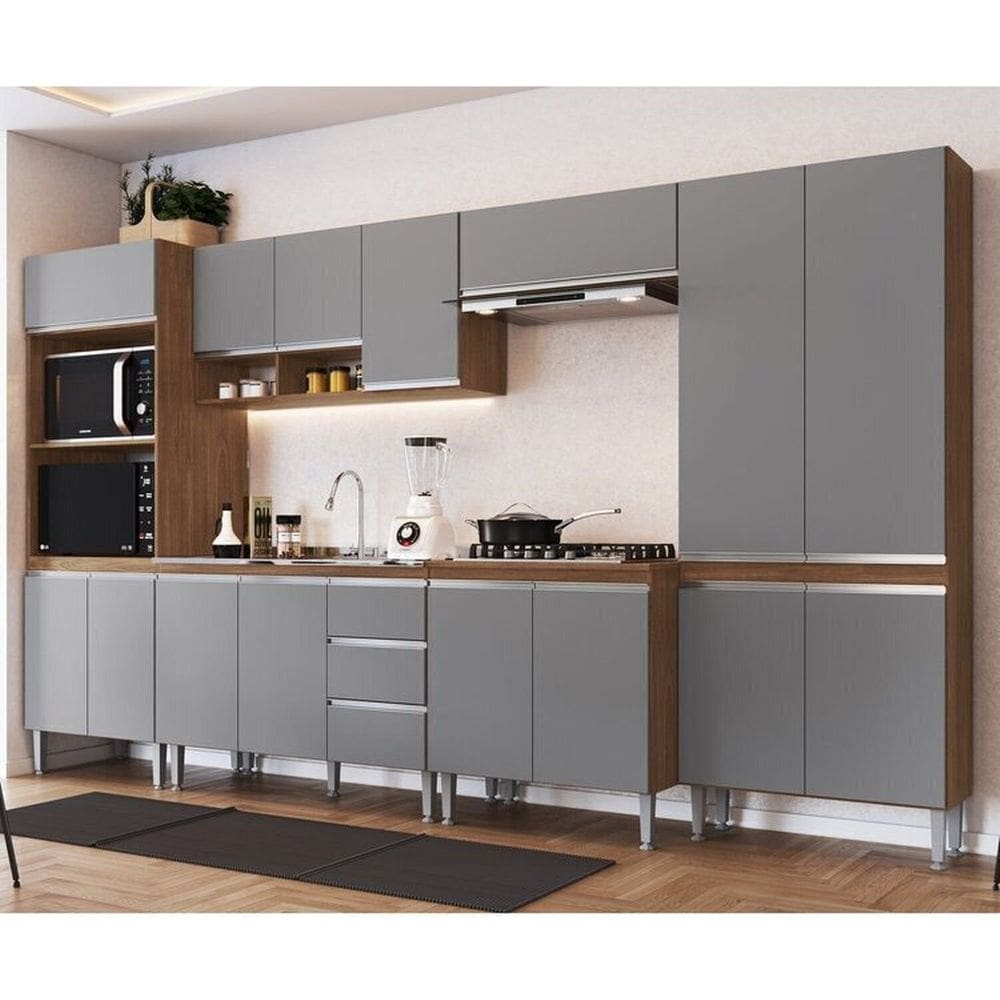 Cozinha Modulada Athena 6 Peças 2 Balcões 2 Armários Torre Quente e Paneleiro Freijó/Cinza