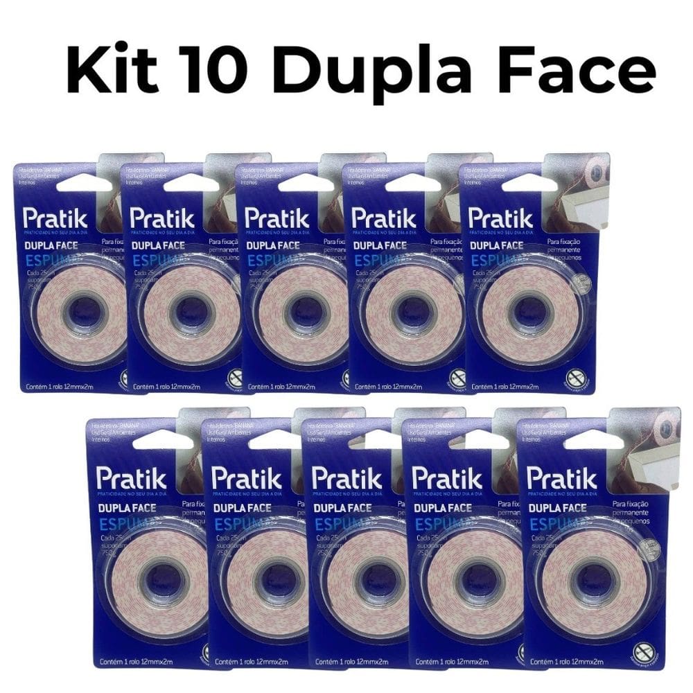 Kit 10 Fita Adesiva Banana Dupla Face Espuma 12mm x 2m Pratik Uso Geral Ambientes Internos