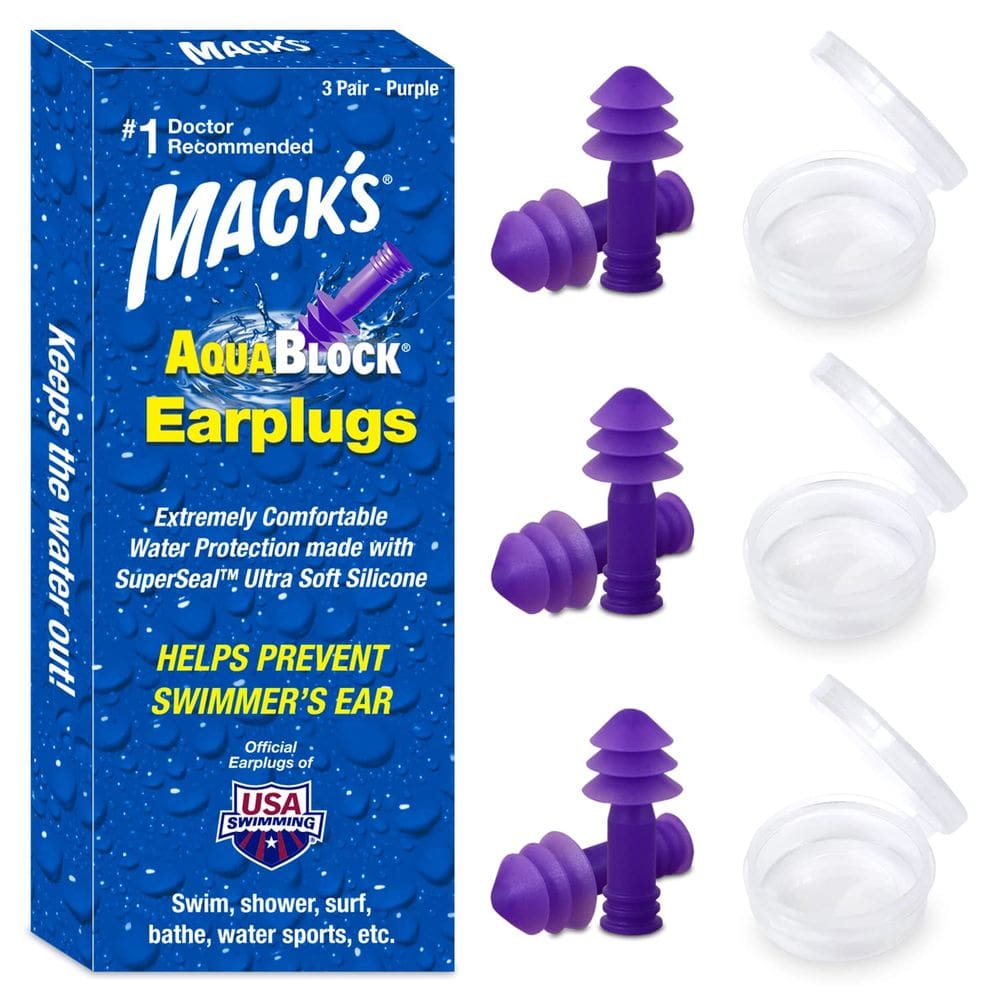 Tampões de ouvido de natação Mack`s AquaBlock Comfort à prova d`água roxos