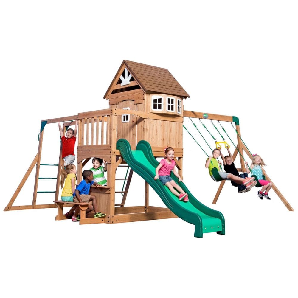 Playground Infantil com Mesa de Piquenique, Barras de Macaco, Escorregador, 2 Balanços e Barra de Acrobacias, Backyard Discovery, Verde
