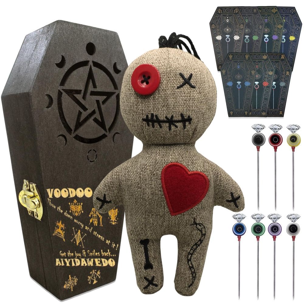 Kit de bonecas Voodoo Ayidawedo LOA com cartas de feitiço e alfinetes no caixão