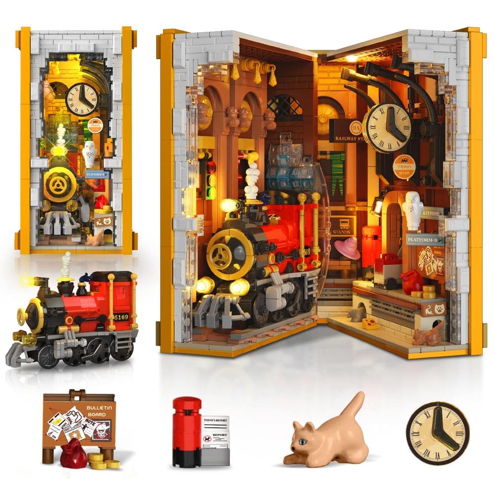 Conjunto de construção HOGOKIDS Magic Train Station Book Nook com luz