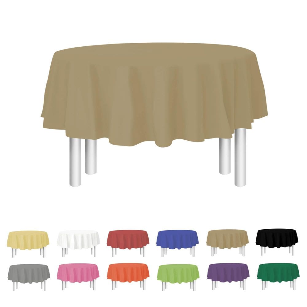 Toalha de mesa de plástico, dimensões de festa, dourada, 84 polegadas, redonda, pacote com 12