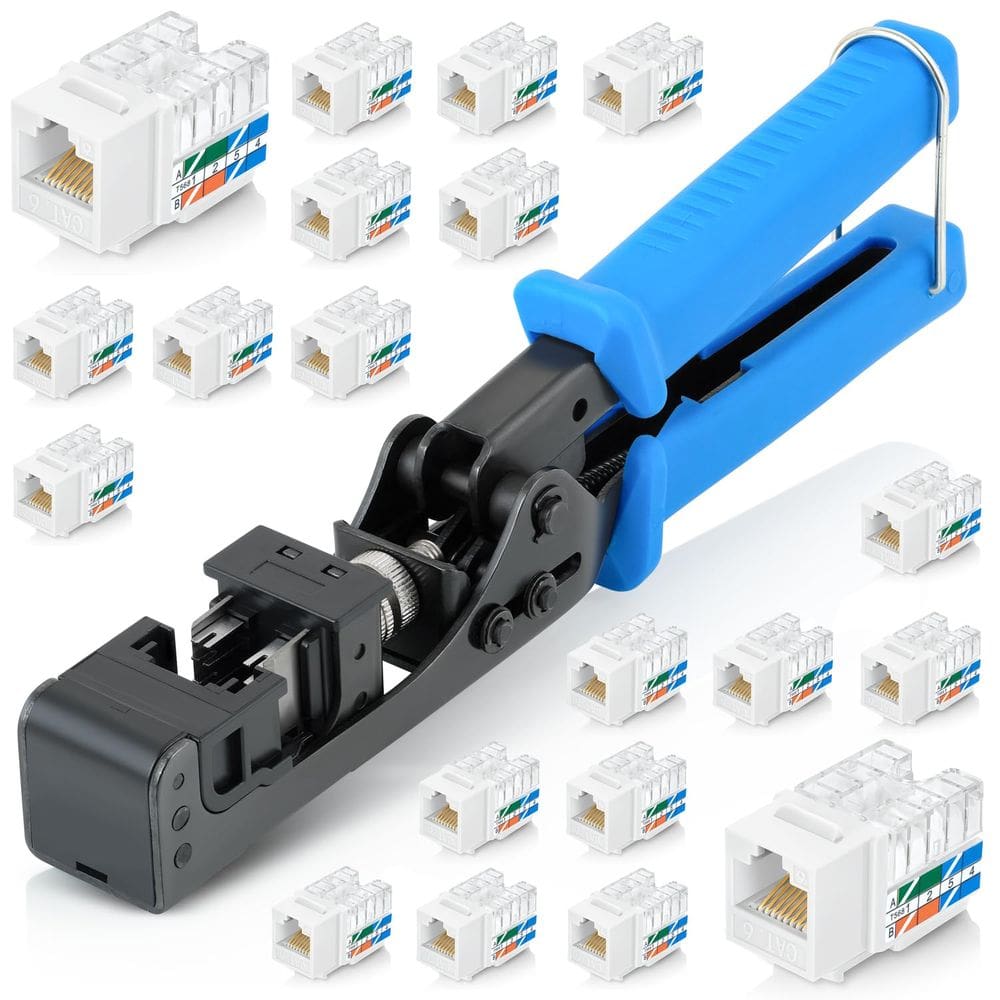 Conjunto de ferramentas Everest EasyJack com terminação de velocidade angular de 90° com 20 conectores RJ45 Cat6 Keystone