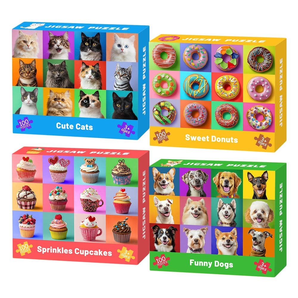 Quebra-cabeças Ciesa 100 peças para crianças de 4 a 10 anos, cães, gatos, cupcakes