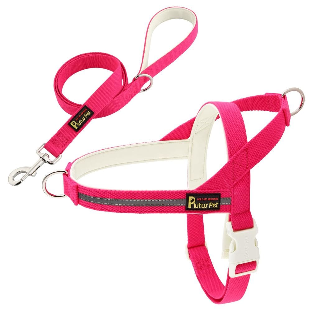 Conjunto de arnês e coleira para cães Plutus Pet, algodão refletivo, rosa choque