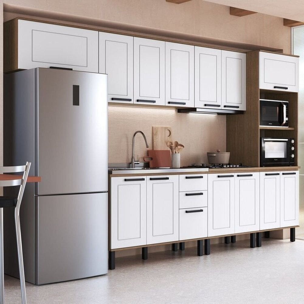 Cozinha Modulada Provençal 7 Peças 2 Balcões 1 Tampo 3 Armários e Torre Quente Jequitibá/Branco Fosco