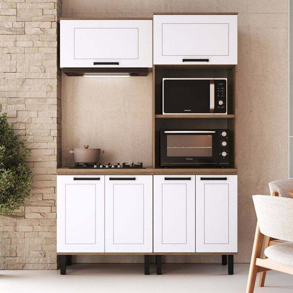 Cozinha Modulada Provençal 4 Peças Balcão, Tampo, Armário Basculante e Torre Quente Jequitibá/Branco Fosco
