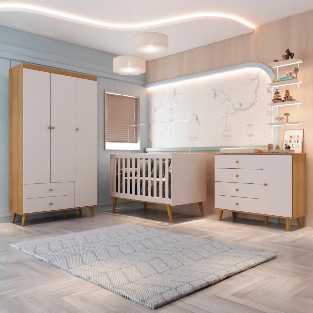 Quarto de Bebê Retrô Lígia Berço 3 em 1  Guarda Roupa 3 Portas Cômoda com Porta Off White Carolina Baby