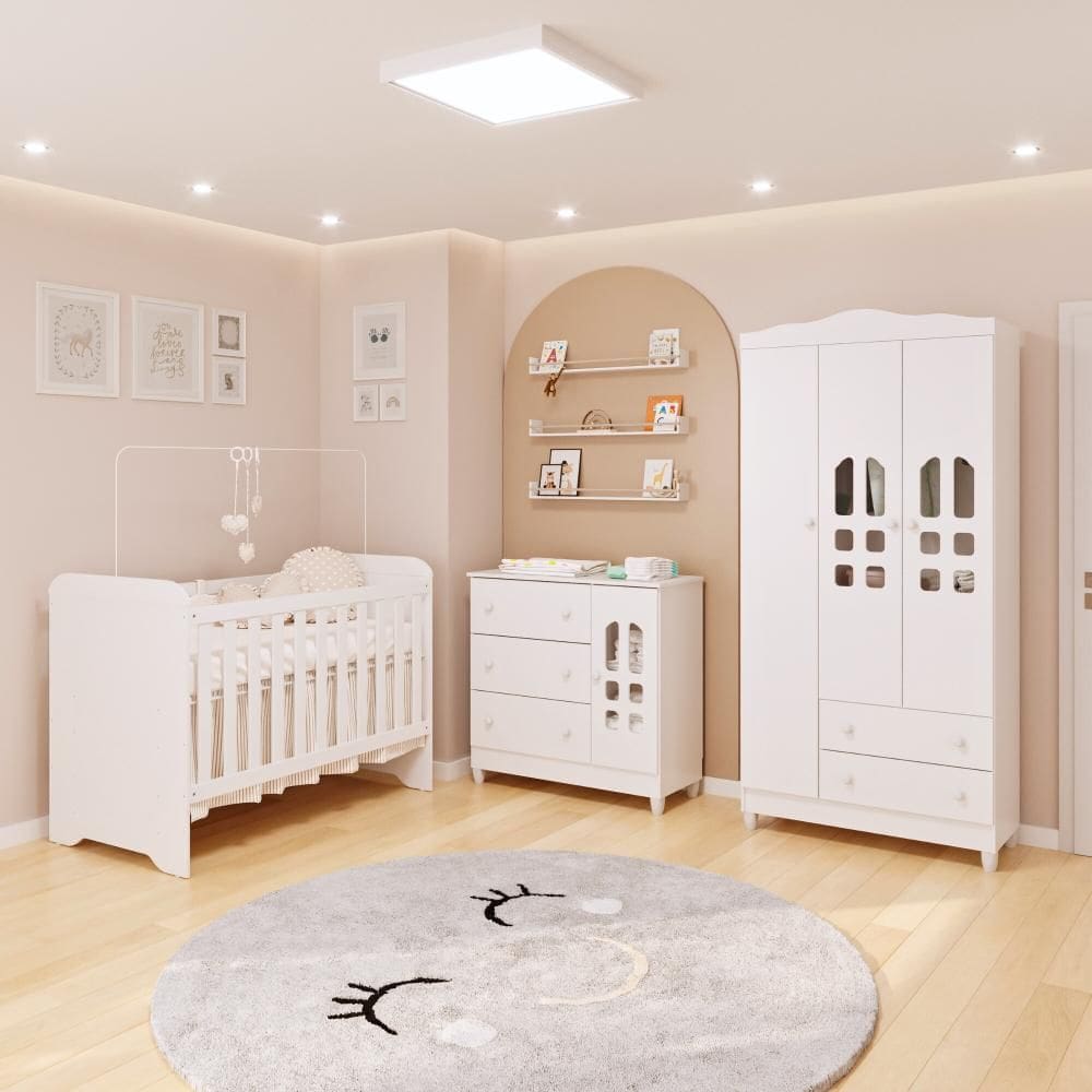 Quarto de Bebê Guarda Roupa 3 Portas Cômoda com Fraldário Berço 3 em 1 Gabrielle Branco Carolina Baby