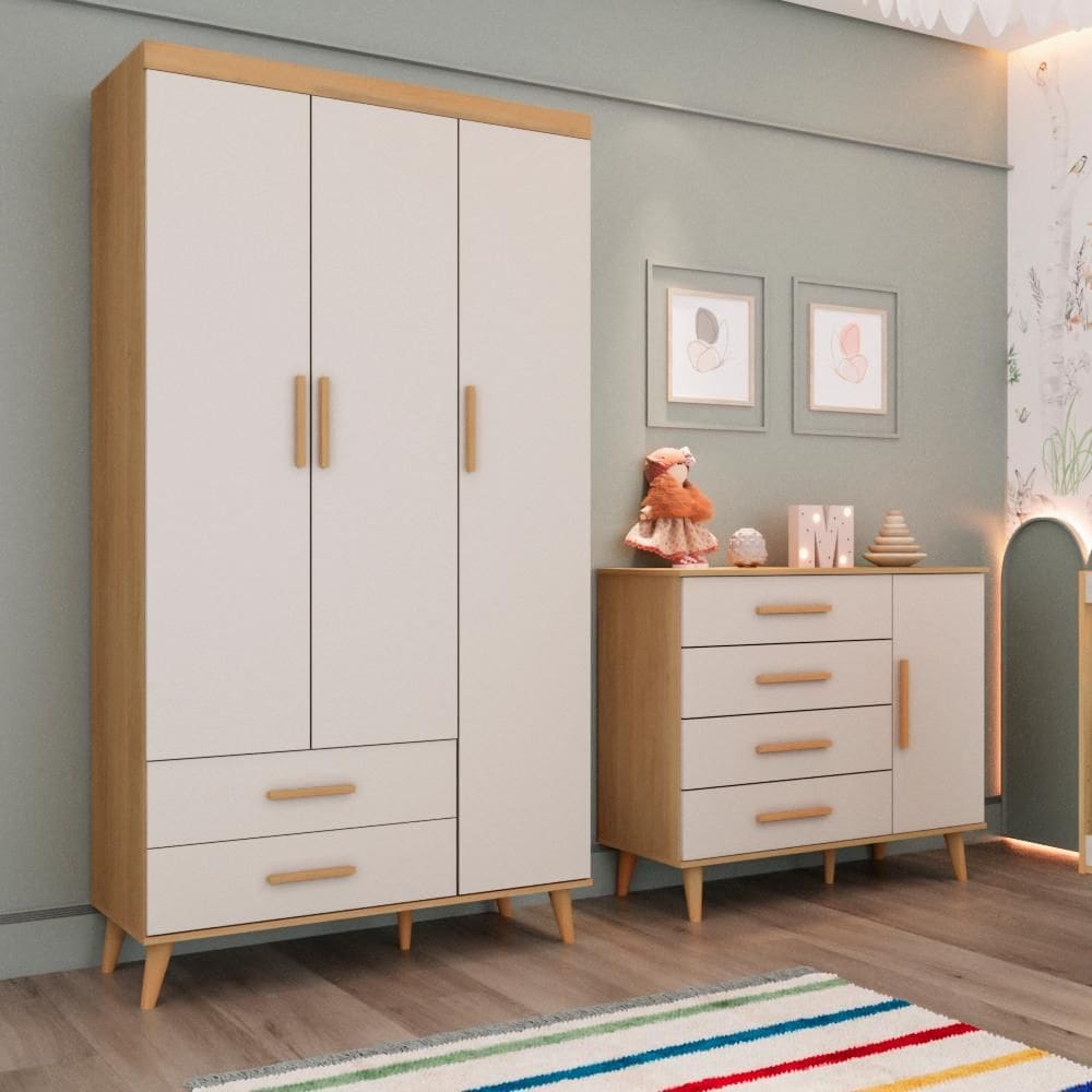 Quarto de Bebê Retrô Ludmila Guarda Roupa 3 Portas Cômoda Infantil com Porta Off White Carolina Baby