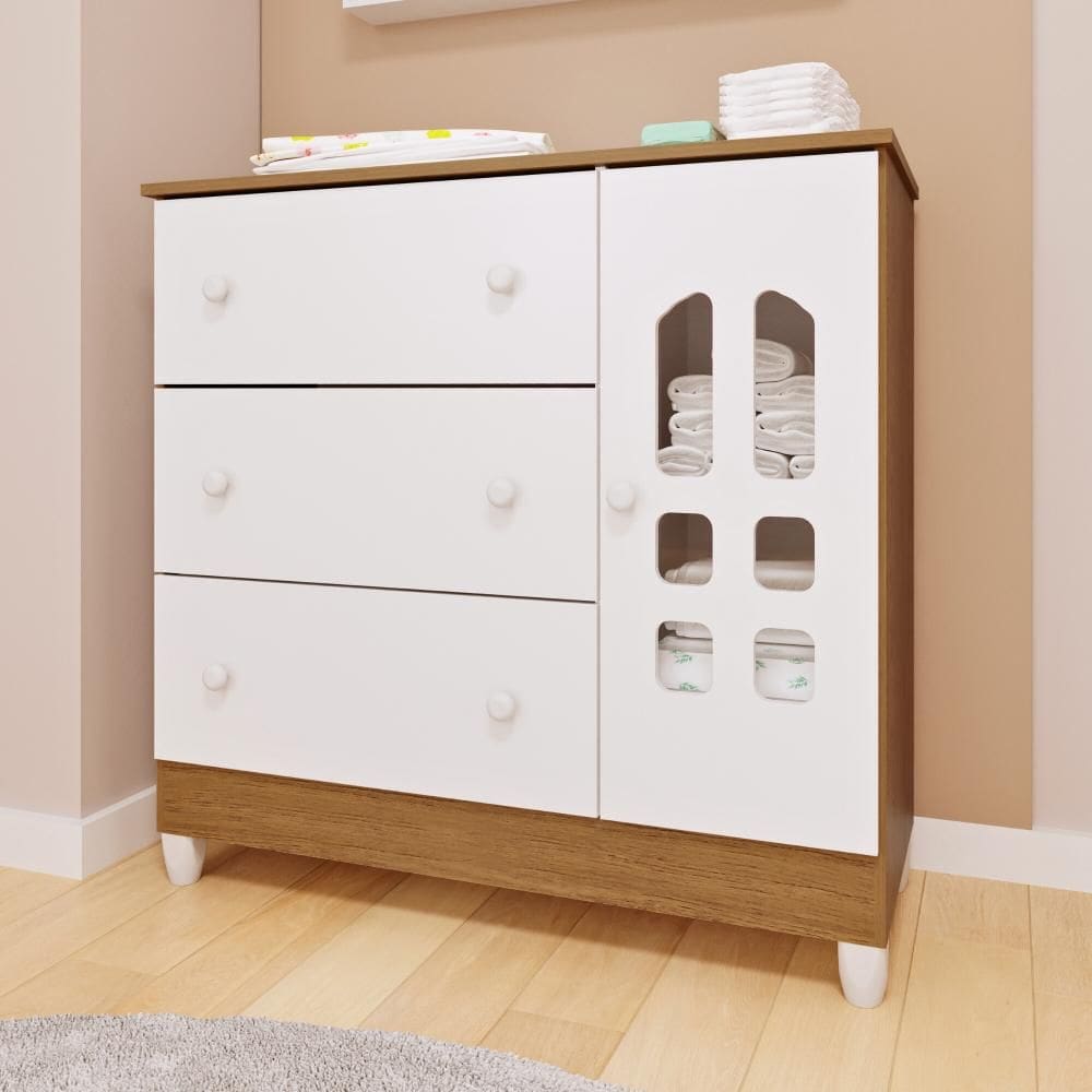 Cômoda Infantil Eloá 3 gavetas com Porta Fraldário Branco com Bétula Carolina Baby