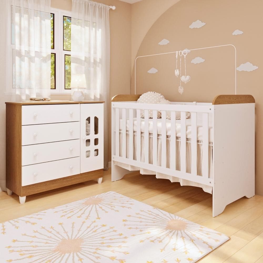Quarto de Bebê Cômoda com Fraldário Selena Berço 3 em 1 Gabrielle Branco com Bétula Carolina Baby