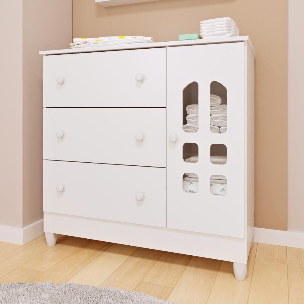 Cômoda Infantil Eloá 3 gavetas com Porta Fraldário Branco Carolina Baby