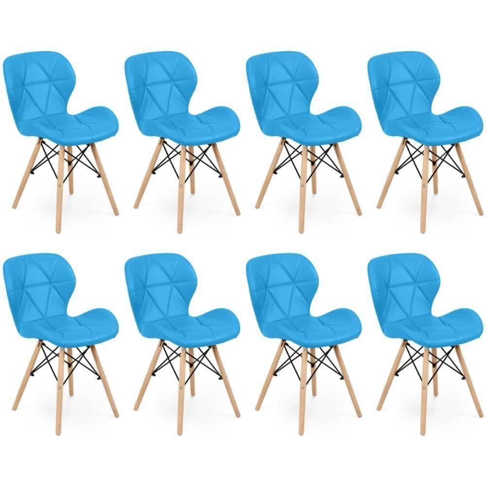 Kit 08 Cadeiras Charles Eames Eiffel Slim Wood Estofada - Azul