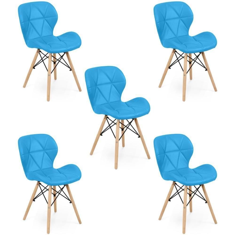 Kit 05 Cadeiras Charles Eames Eiffel Slim Wood Estofada - Azul