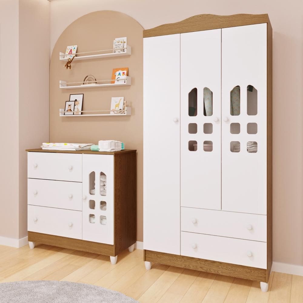 Quarto de Bebê Cômoda com Fraldário Guarda Roupa Mirelle 3 Portas Branco com Bétula Carolina Baby