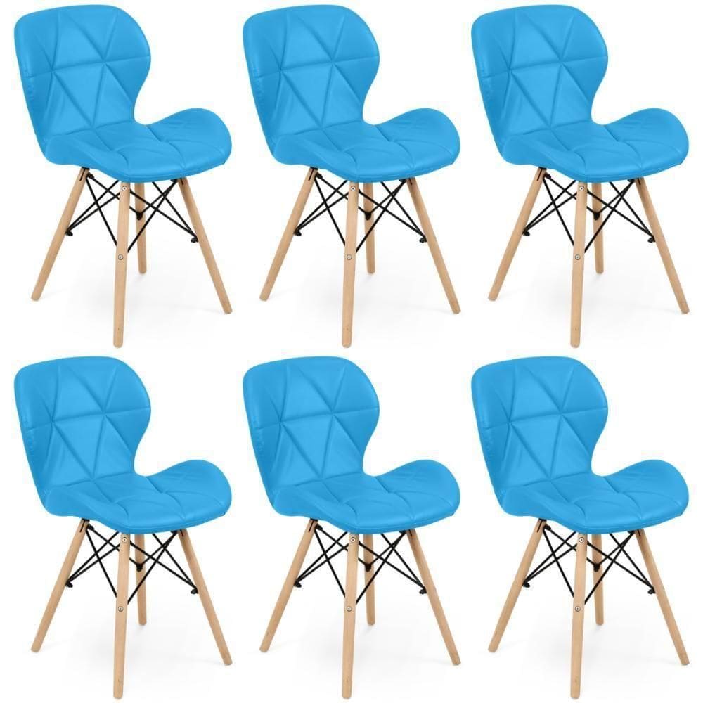 Kit 06 Cadeiras Charles Eames Eiffel Slim Wood Estofada - Azul