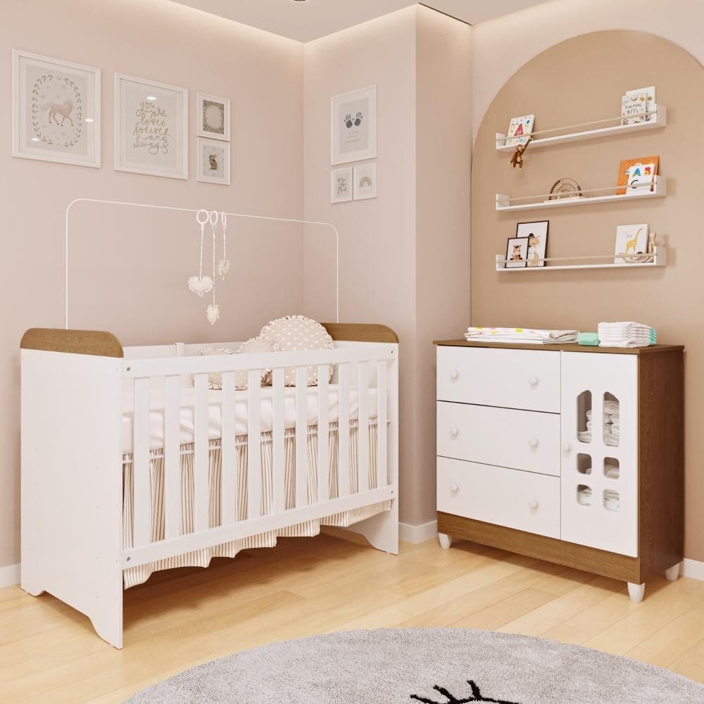 Quarto de Bebê Cômoda com Fraldário Berço 3 em 1 Gabrielle Branco com Bétula Carolina Baby