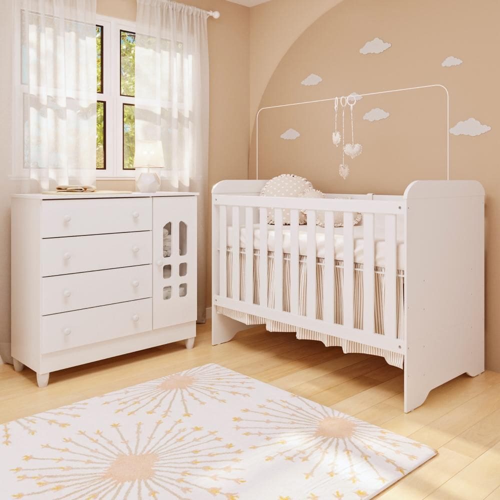 Quarto de Bebê Cômoda com Fraldário Selena Berço 3 em 1 Gabrielle Branco Carolina Baby