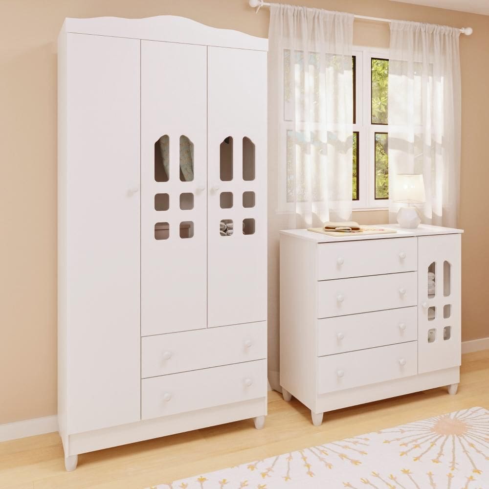 Quarto de Bebê Cômoda com Fraldário Guarda Roupa 3 Portas Mirelle Branco Carolina Baby