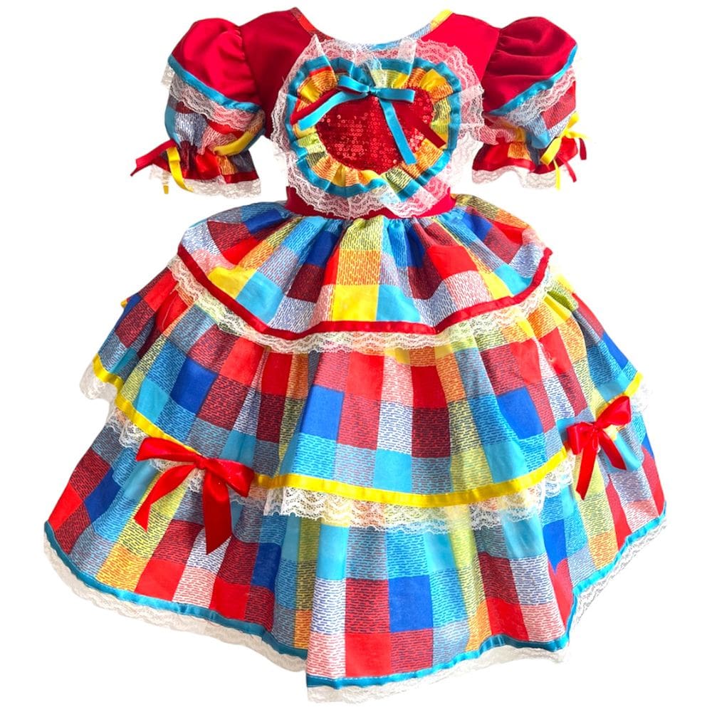 Vestido Junino Festa Colorido Babados e Brilho para o Arraiá Menina