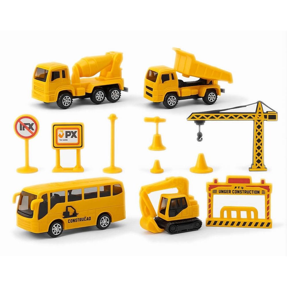 Kit Carrinhos Trucks de Construção Fricção Com Acessórios de Trânsito Placas Cones Posto Kit 15 Pçs