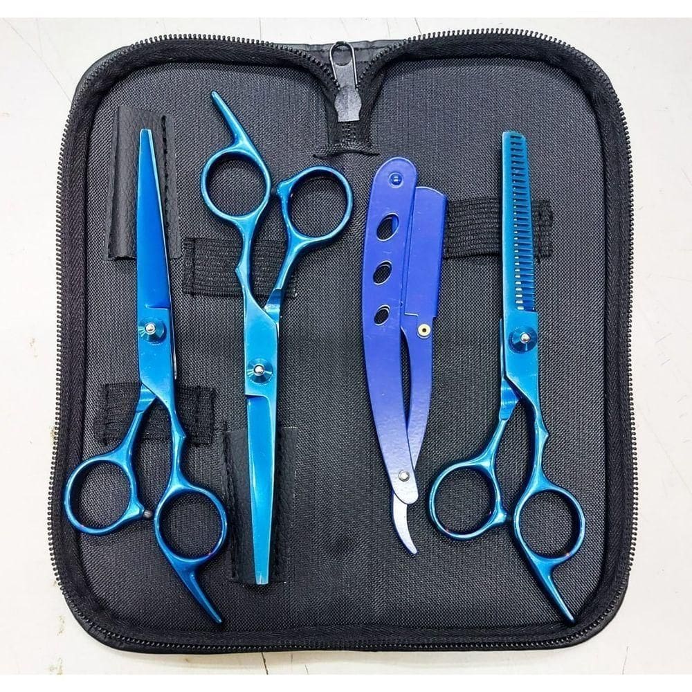 Kit 3 Tesouras Profissionais Fio Navalha Desfiadeira Coloridas Azul