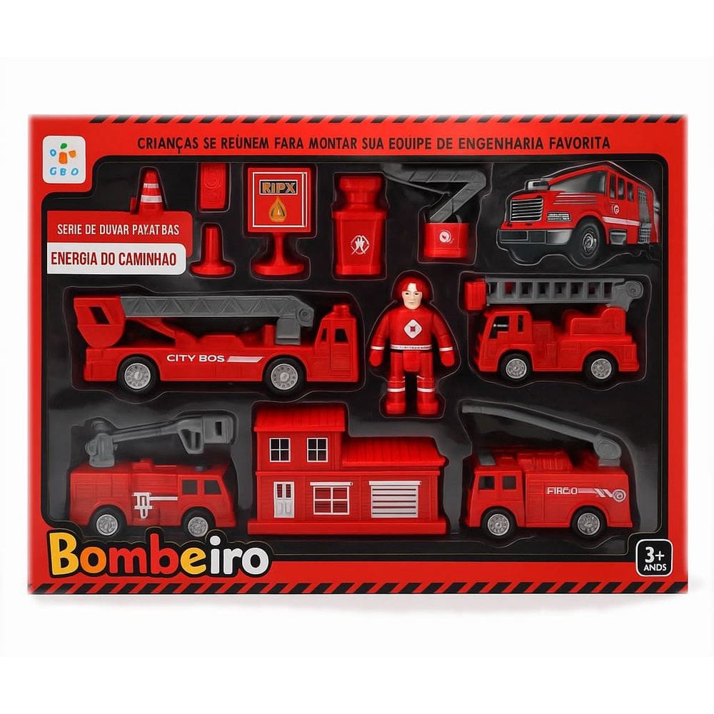 Kit Carrinhos de Bombeiro Fricção Com Acessórios de Trânsito Placas Cones Posto Kit 13 Pçs