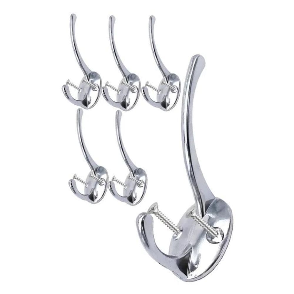 6 Ganchos Duplo Cabide Parede Metal Toalha Banheiro Parafuso