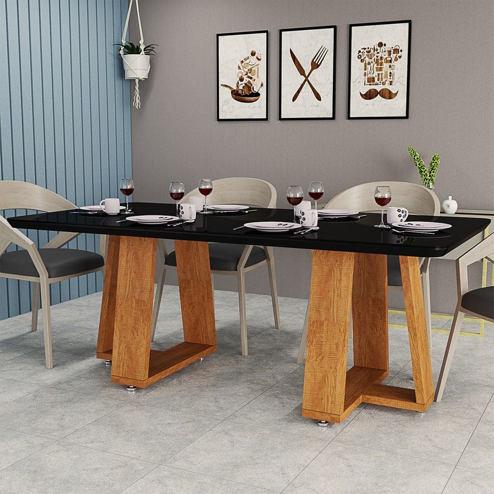 Mesa Para Sala de Jantar 6 Lugares Tampo Com Vidro Temperado Base Robusta em MDF Moderna