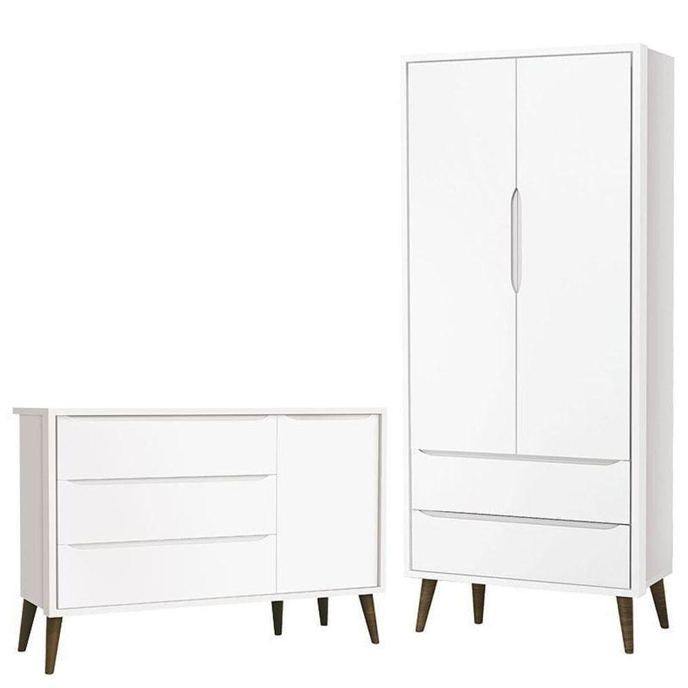 Cômoda Infantil Com Porta E Guarda Roupa 2 Portas Theo Branco Acetinado Com Pés Amadeirado – Reller