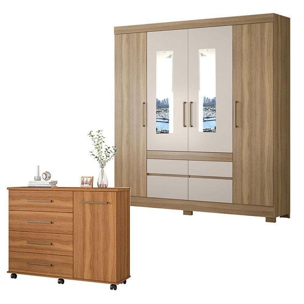 Cômoda Flora E Guarda Roupa Casal Bilbao Amêndola Off White Com Espelho - Demóbile