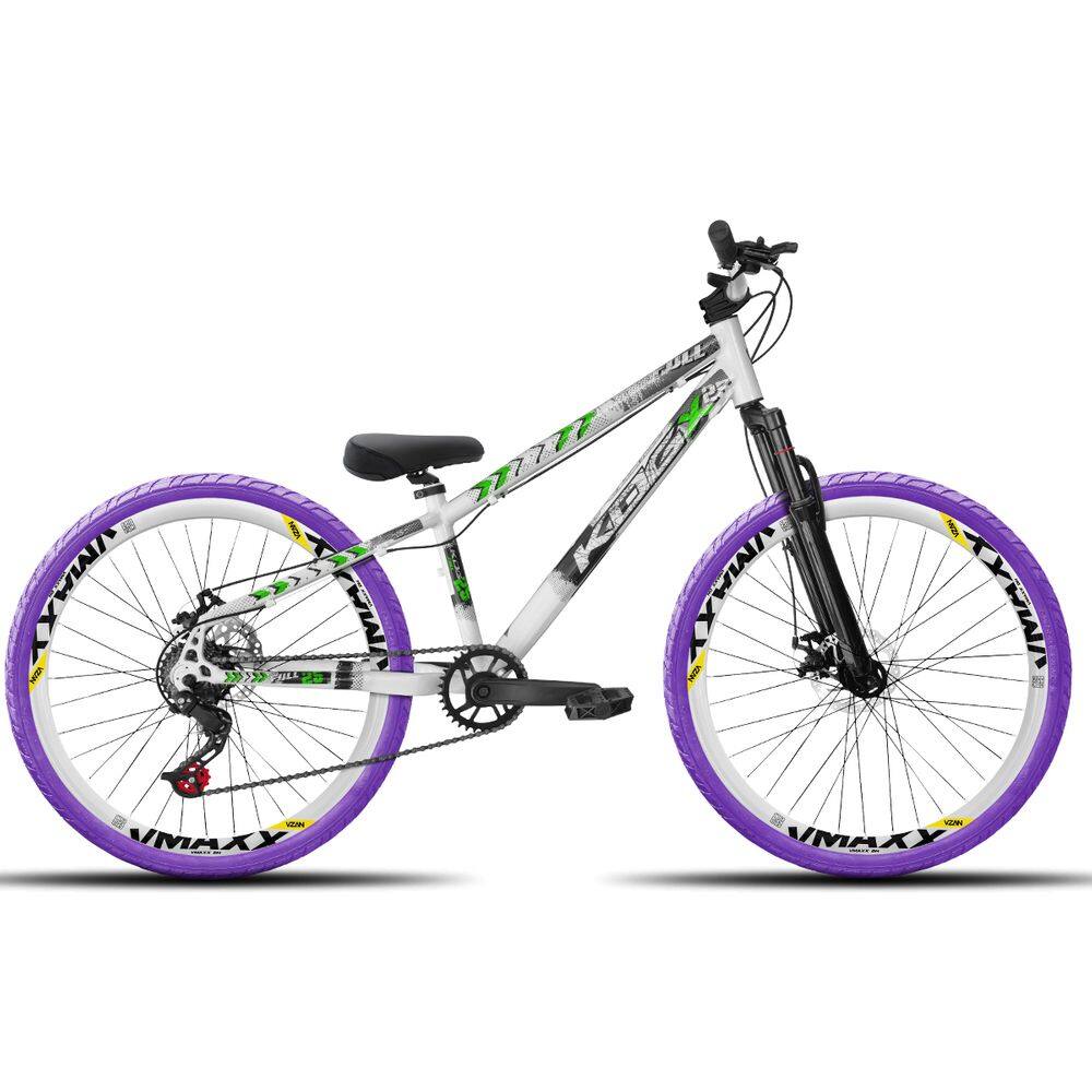 Bicicleta KOG Rebaixada 1X7 Freio Disco aro 26 do grau Rodas Vmaxx Pneus Coloridos Wheeling RL BRANCO COM VERDE E ROXO