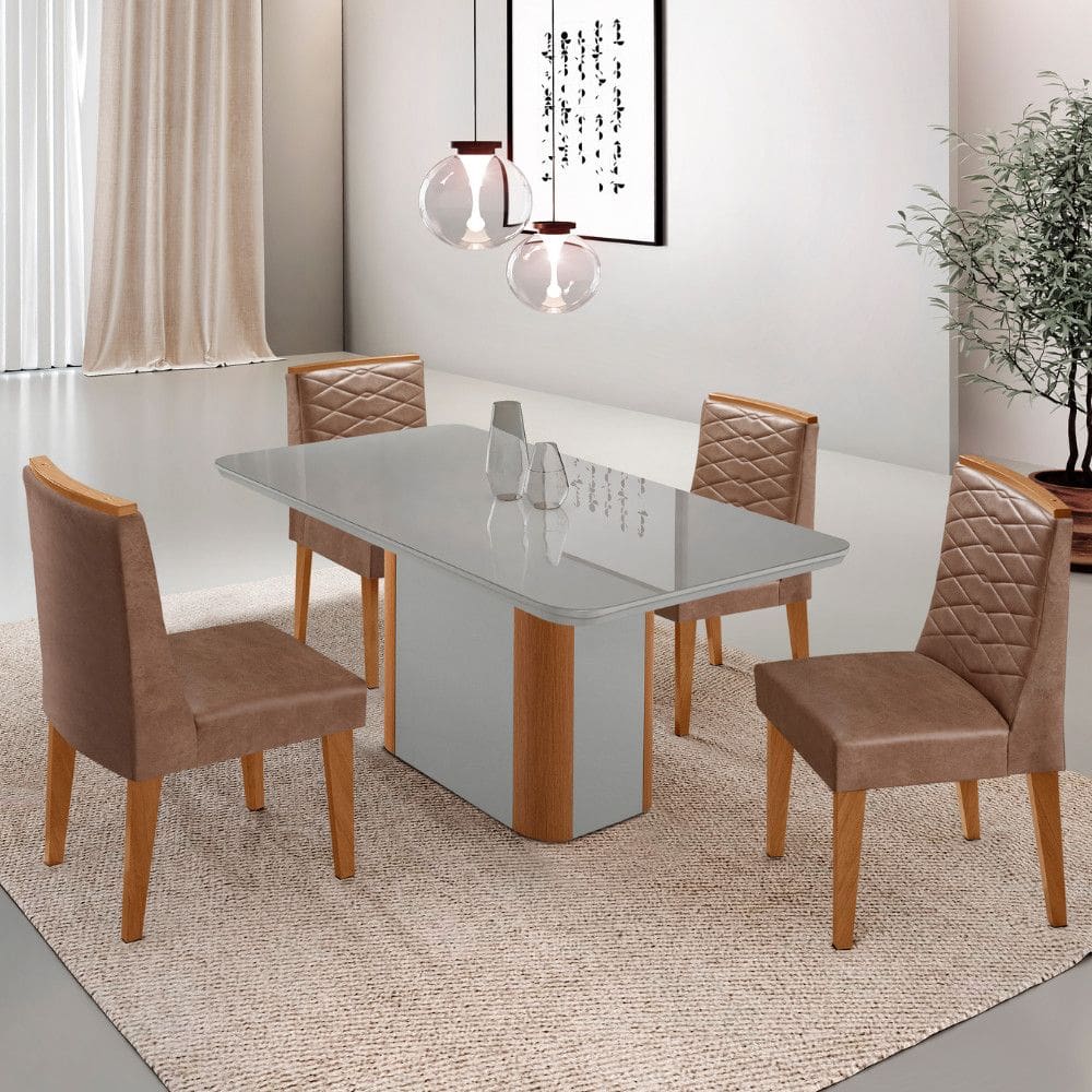 Mesa de Jantar Isadora 120cm Tampo Canto Copo MDF Vidro com 4 Cadeiras Eloise