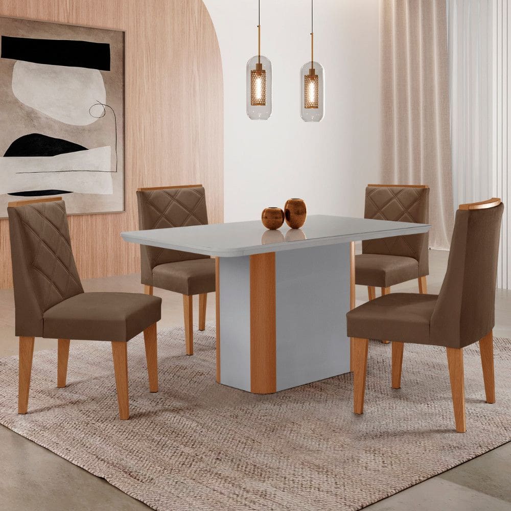 Mesa de Jantar Isadora 120cm Tampo MDF Vidro com 4 Cadeiras Isadora
