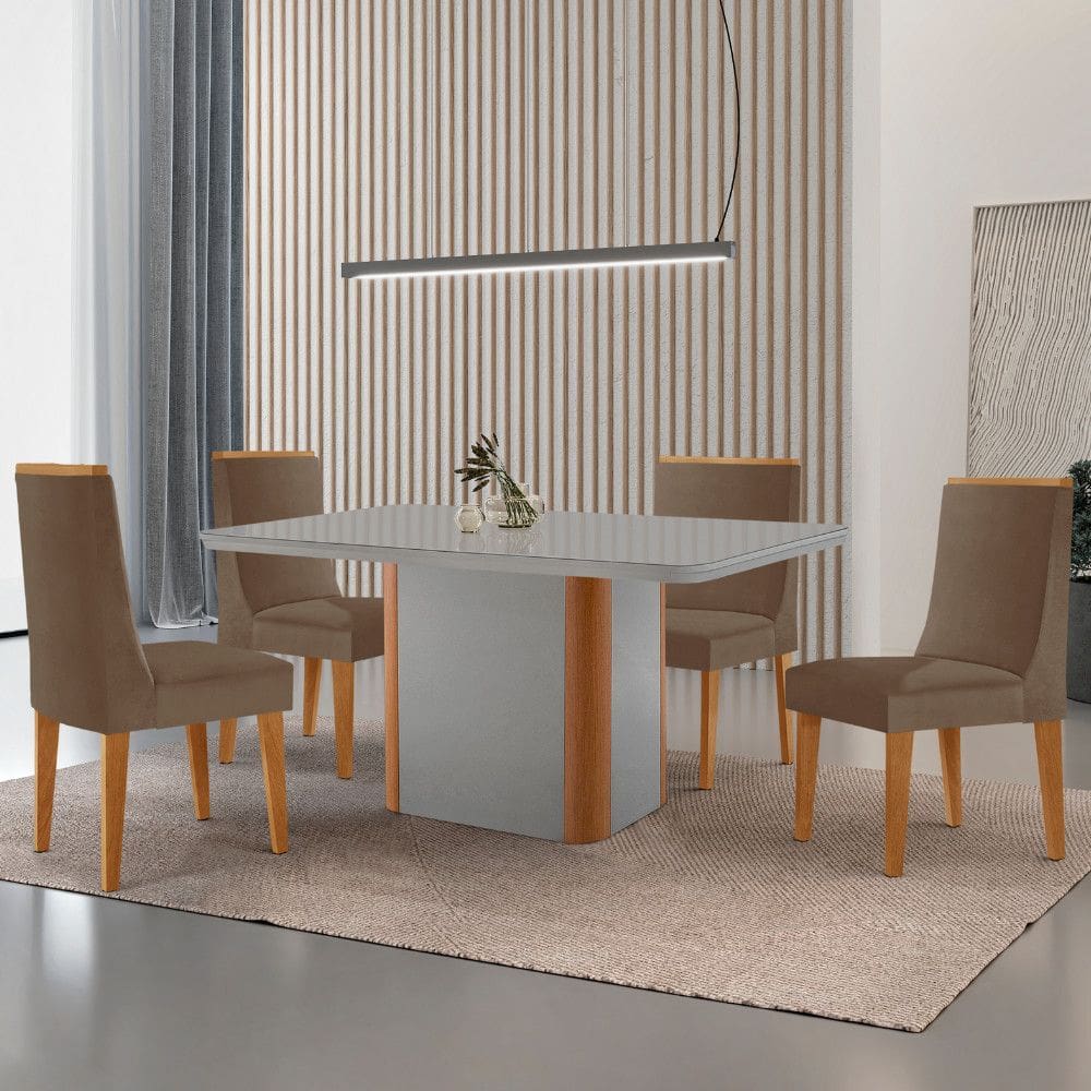 Mesa de Jantar Isadora 120cm Tampo MDF Vidro com 4 Cadeiras Lisboa