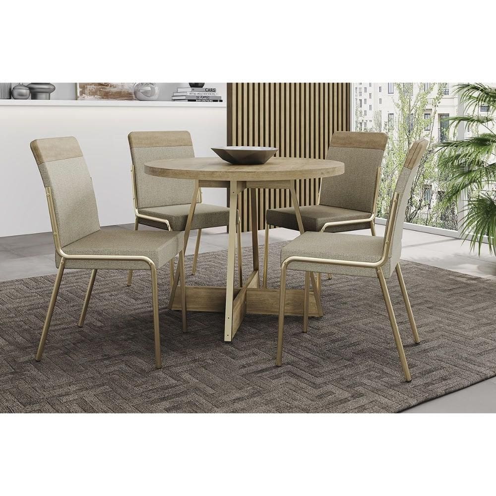 Conjunto: Mesa Sala Jantar Átria 1594 Aço c/ Tampo Madeirado 100x100cm e 4 Cadeiras Duo Dourado/Noce/Carvalho - Linho/ano ,Bamboo - Carraro