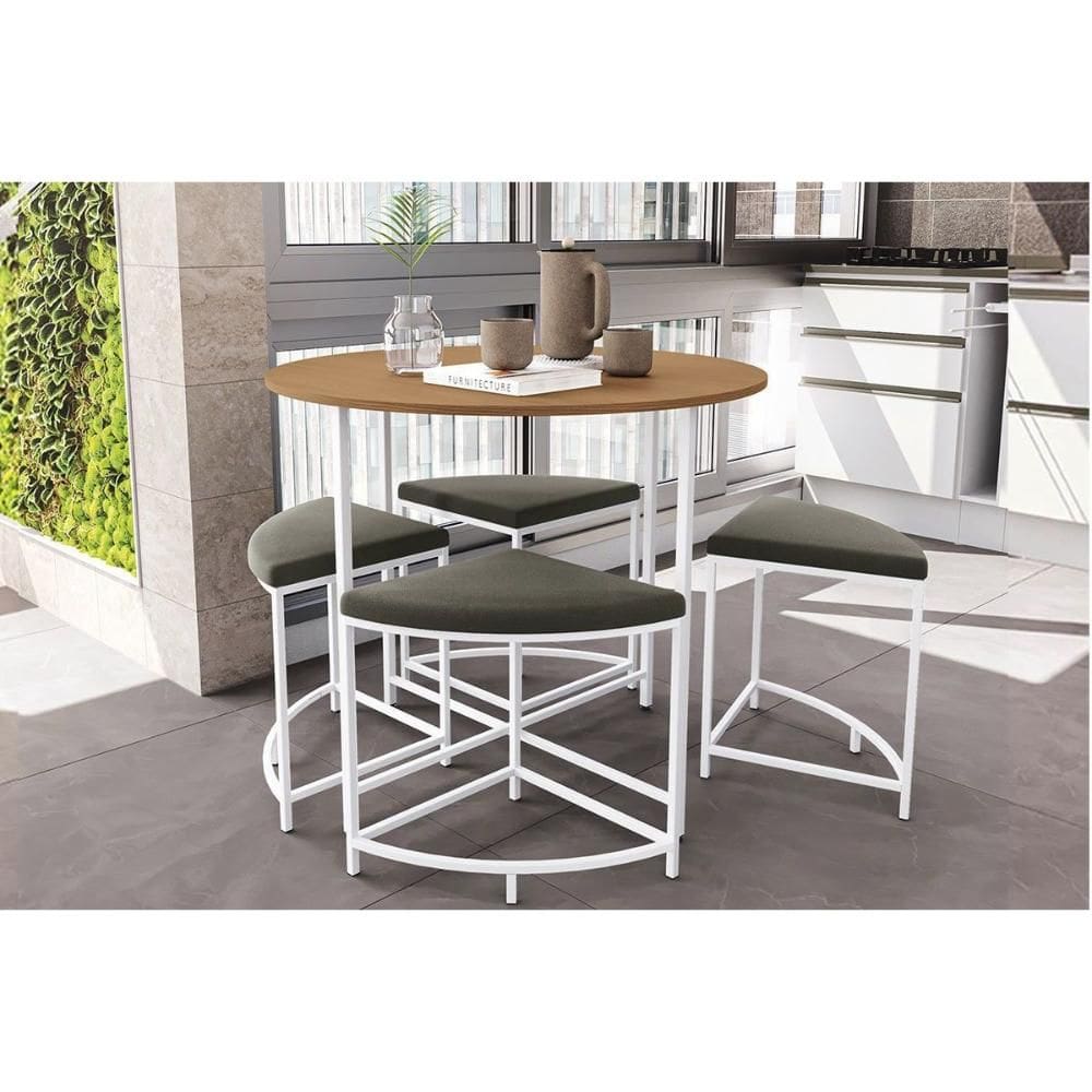 Mesa p/ Cozinha LI038 c/ Tampo Madeirado 90 cm + 4 Banquetas Canela/Branco - Kappesberg