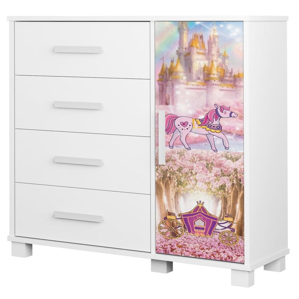 Cômoda Infantil Para Quarto 80cm 4 Gavetas Carruagem Rosa Z53 - Mpozenato