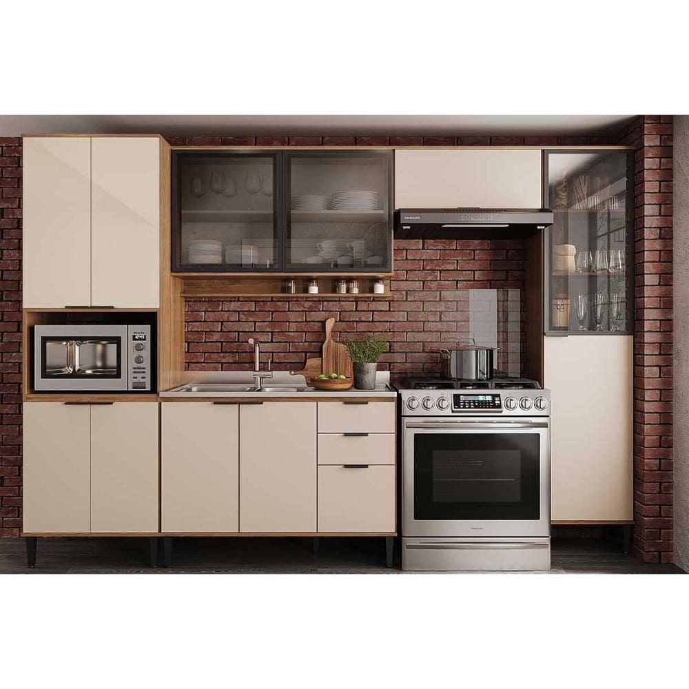 Cozinha Modulada Completa Alpha 5 Peças (2Aéreos+1Balcão+2Paneleiros) C5P135 Freijo/Off White - Carraro