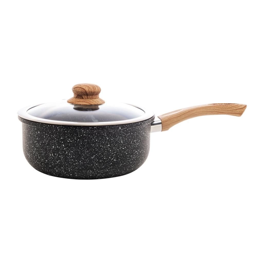 Panela de Indução em Alumínio com Revestimento Cerâmico e Tampa de Vidro Granilite Preta 24cm