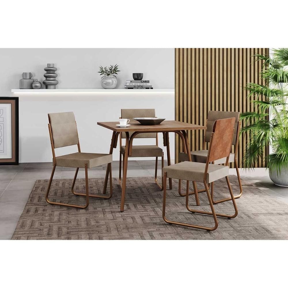 Conjunto: Mesa Sala Jantar 1569 Aço c/ Tampo Madeirado 90x90cm e 4 Cadeiras 1736 Rose/Freijo - Rose/Areia - Caramelo - Carraro