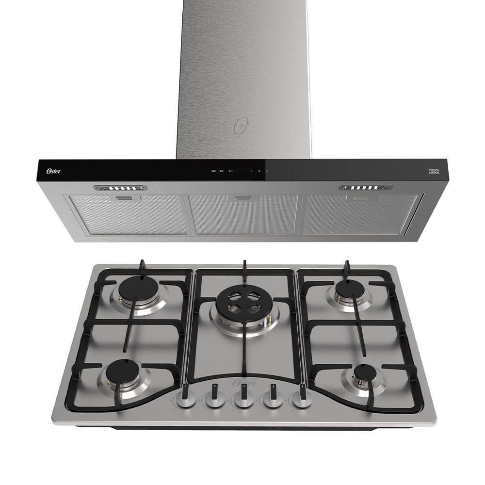 Kit Inox Cooktop A Gás 5 Bocas E Coifa De Ilha 90 Cm Oster 220V