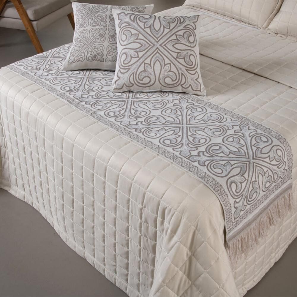 Peseira King Com Almofadas Kit 05 Peças Tecido Jacquard Grécia - Cáqui