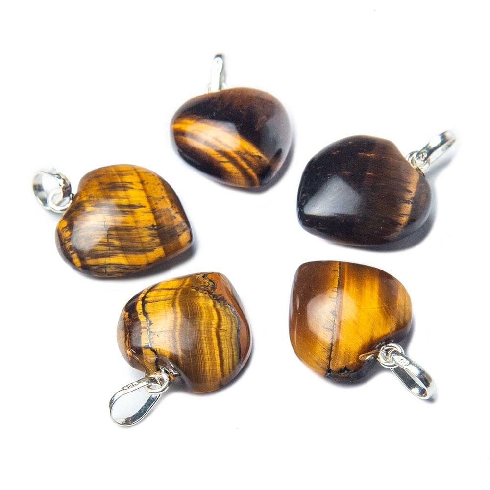 05 Pingente Mini Coração Olho de Tigre 15mm Pino Prata 950